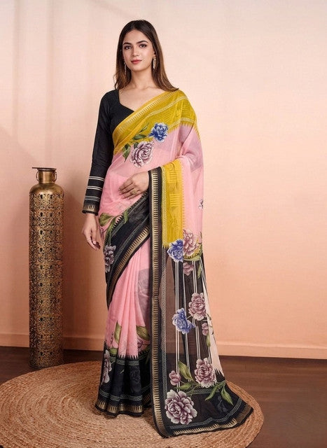Women's Marshmallow Cotton Floral Printed Saree With Unstitched Blouse - 5.5 Mtr (Multicolor)