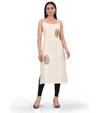 Women's Khadi Cotton Floral-Paisley Printed Scoop Neck Sleeveless Kurti (Off White)
