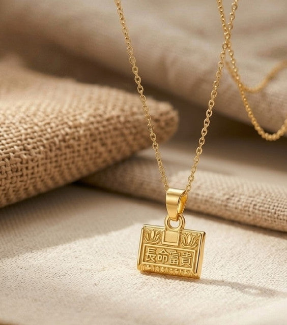 Gold plated brass pendant necklace set featuring Chinese character lock design on a delicate chain