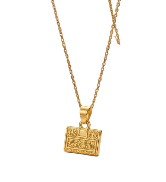 Gold plated brass pendant necklace set featuring Chinese character lock design on a delicate chain