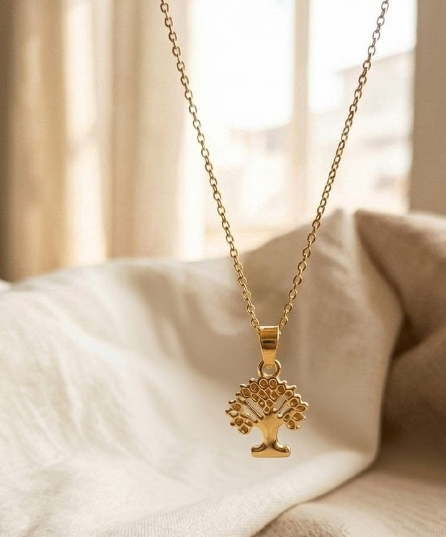 Gold plated brass tree of life pendant necklace set, pack of two delicate gold necklaces for women