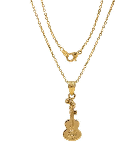 Gold plated brass pendant necklace set featuring guitar and key designs on a delicate chain