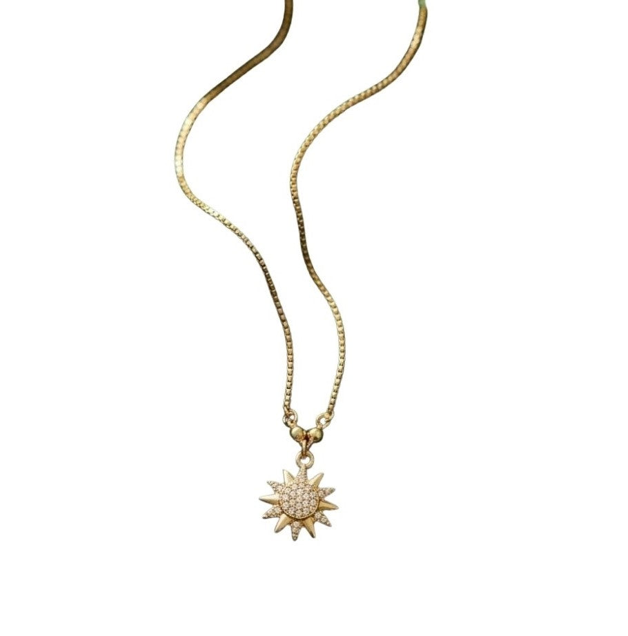 Gold plated brass sunburst CZ pendant necklace set, pack of two delicate gold necklaces
