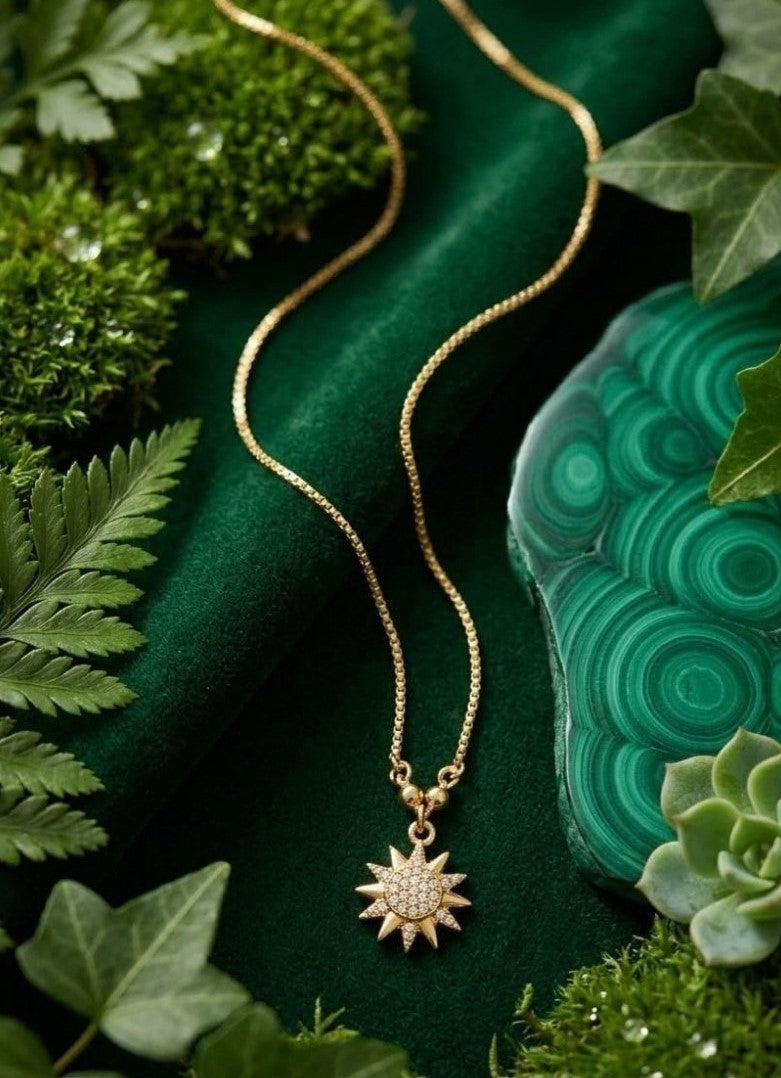 Gold plated brass sunburst CZ pendant necklace set, pack of two delicate gold necklaces