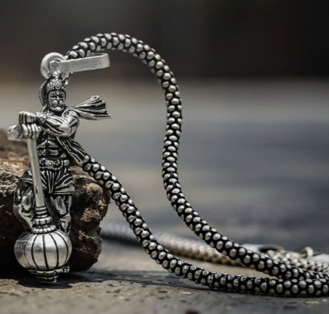 Silver plated brass necklace featuring Lord Hanuman Gada pendant on a beaded chain for men