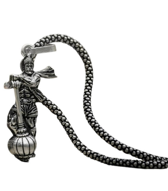 Silver plated brass necklace featuring Lord Hanuman Gada pendant on a beaded chain for men