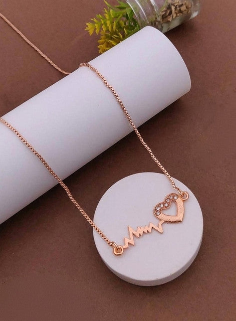 Gold plated brass necklace set featuring a heartbeat ECG crystal pendant for women