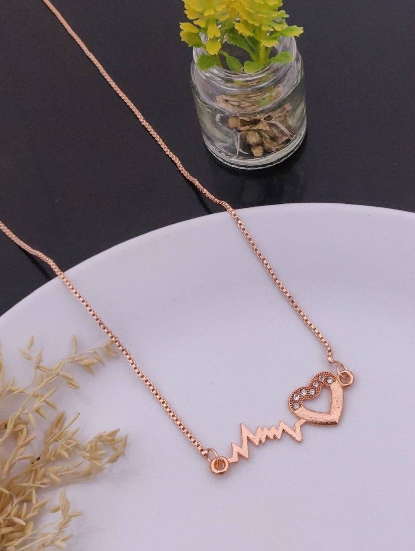 Gold plated brass necklace set featuring a heartbeat ECG crystal pendant for women