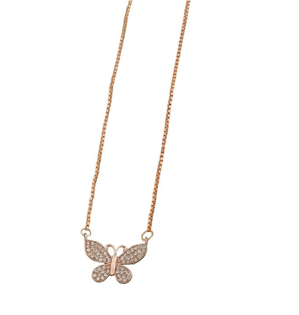 Gold plated brass butterfly pendant necklace set, featuring pave crystal accents on a delicate chain