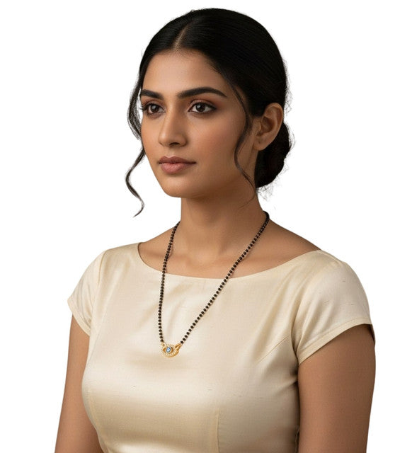 Multicolor brass gold plated mangalsutra necklace featuring blue evil eye charms and black beaded chain