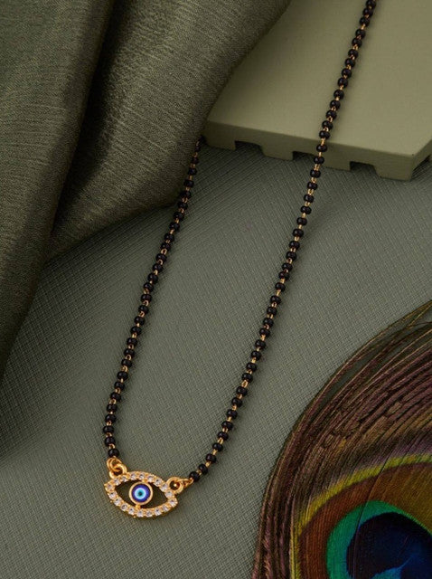 Multicolor brass gold plated mangalsutra necklace featuring blue evil eye charms and black beaded chain