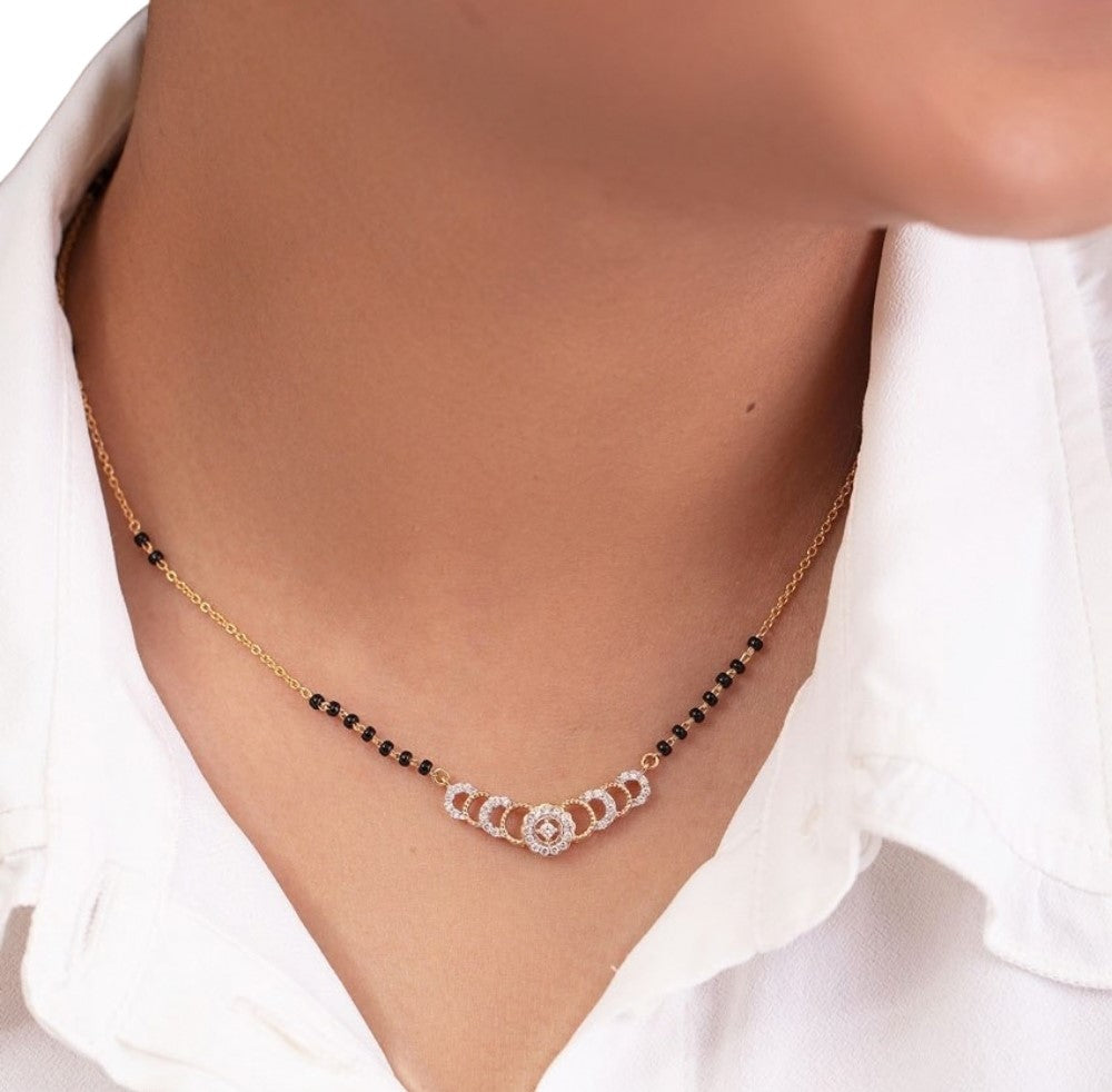 Multicolor brass gold plated crescent moon AD mangalsutra pendant necklace with black beaded chain