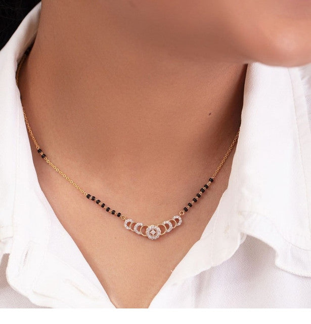 Multicolor brass gold plated crescent moon AD mangalsutra pendant necklace with black beaded chain