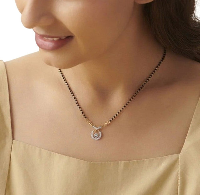 Multicolor brass gold plated V-shape solitaire mangalsutra pendant necklace with black beaded chain