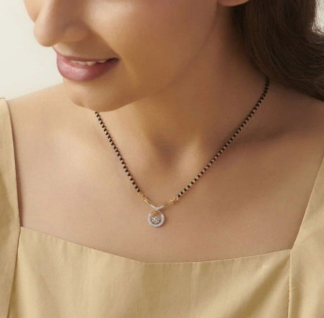 Multicolor brass gold plated V-shape solitaire mangalsutra pendant necklace with black beaded chain