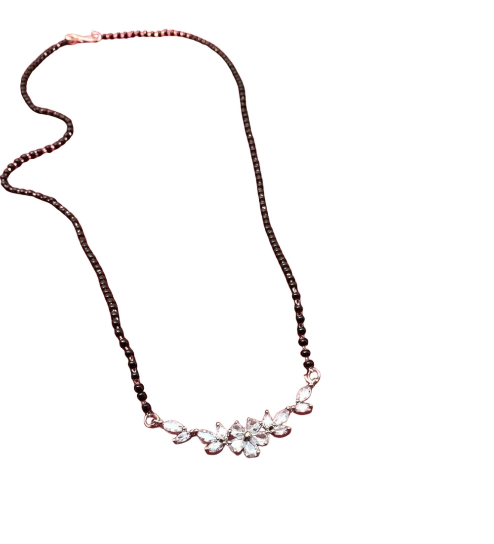 Multicolor brass gold plated mangalsutra pendant necklace featuring marquise floral design and black beaded chain