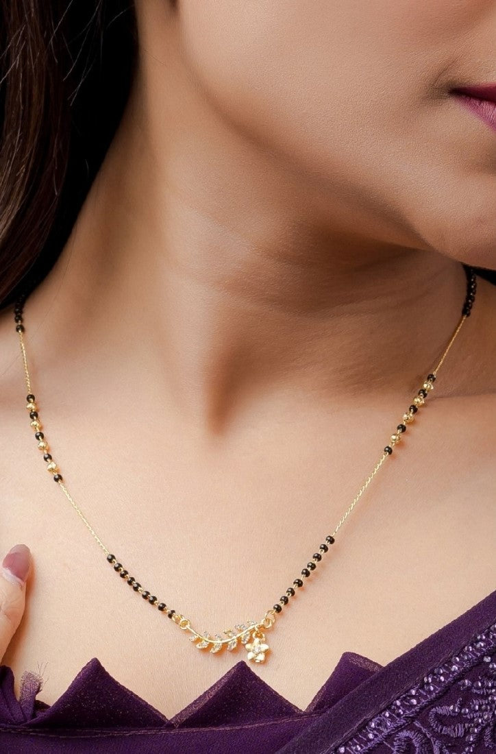 Multicolor brass gold plated leafy floral mangalsutra pendant necklace with black beaded chain