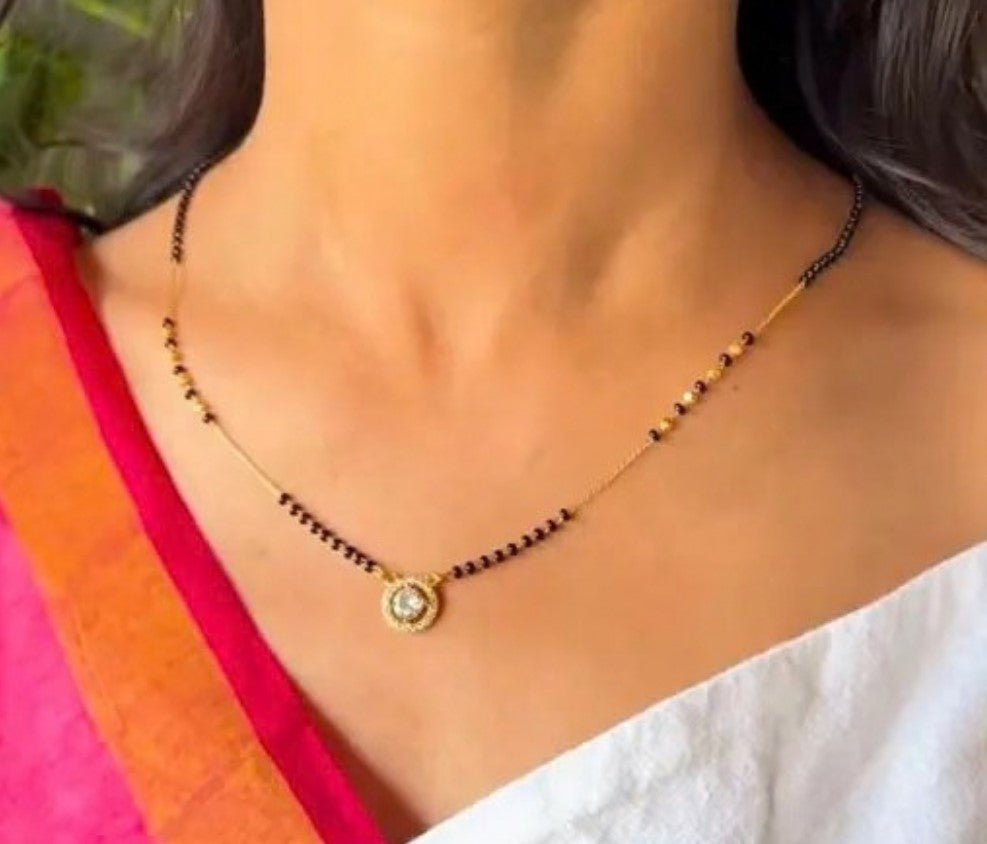 Multicolor brass gold plated solitaire halo mangalsutra pendant necklace with black beaded chain