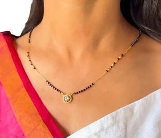 Multicolor brass gold plated solitaire halo mangalsutra pendant necklace with black beaded chain