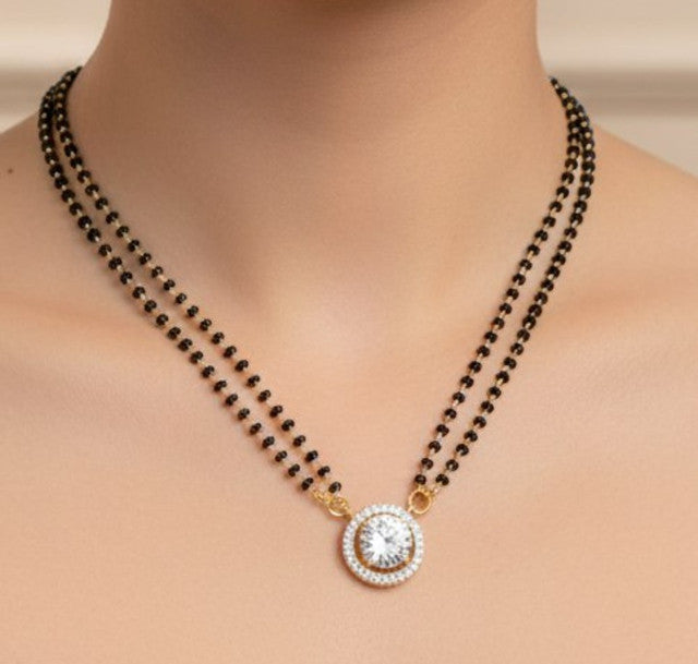 Multicolor brass gold plated double layer beaded mangalsutra pendant necklace with black beaded chain