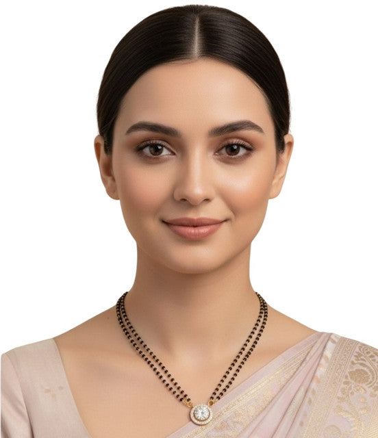 Multicolor brass gold plated double layer beaded mangalsutra pendant necklace with black beaded chain