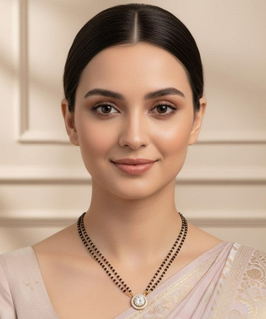 Multicolor brass gold plated double layer beaded mangalsutra pendant necklace with black beaded chain