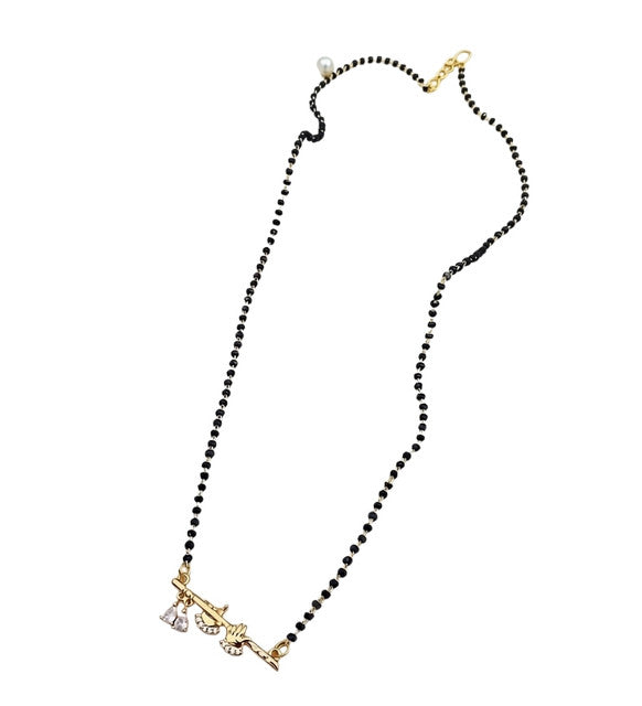 Multicolor brass gold plated mangalsutra pendant featuring Krishna flute and peacock design on a black beaded chain