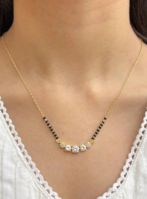 Multicolor brass gold plated triple solitaire AD mangalsutra pendant necklace with black beaded chain