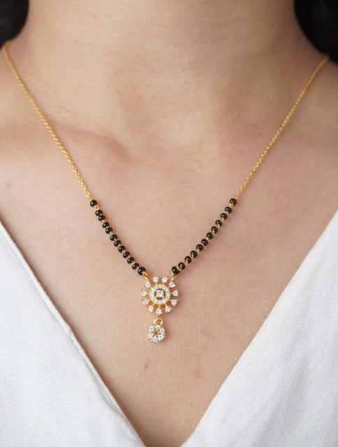 Multicolor brass gold plated tiered sunburst mangalsutra pendant with black beaded chain