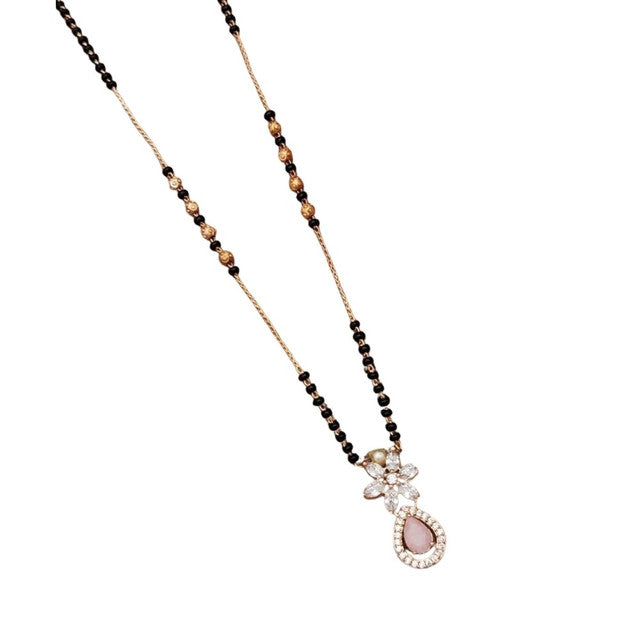 Multicolor brass gold plated mangalsutra pendant necklace featuring floral pink stones and black beaded chain