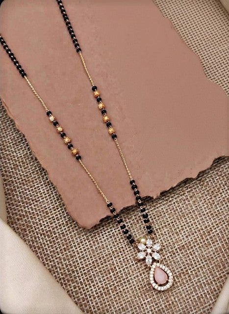 Multicolor brass gold plated mangalsutra pendant necklace featuring floral pink stones and black beaded chain