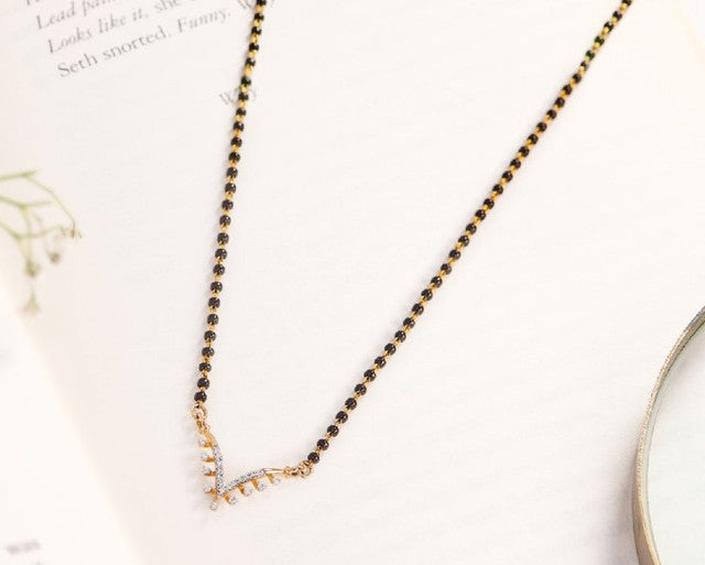 Multicolor brass gold plated V-shape minimalist mangalsutra pendant necklace with black beaded chain