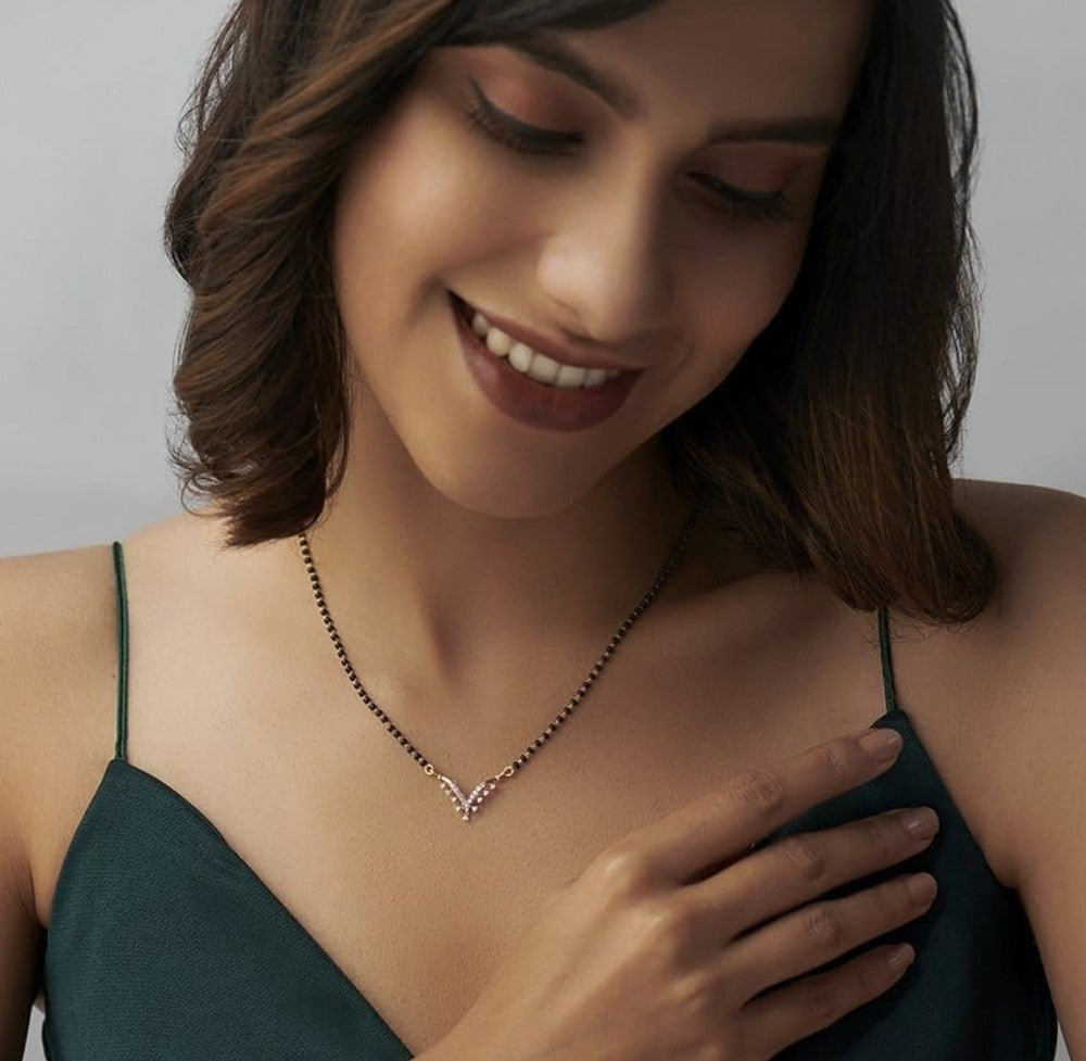 Multicolor brass gold plated V-shape minimalist mangalsutra pendant necklace with black beaded chain