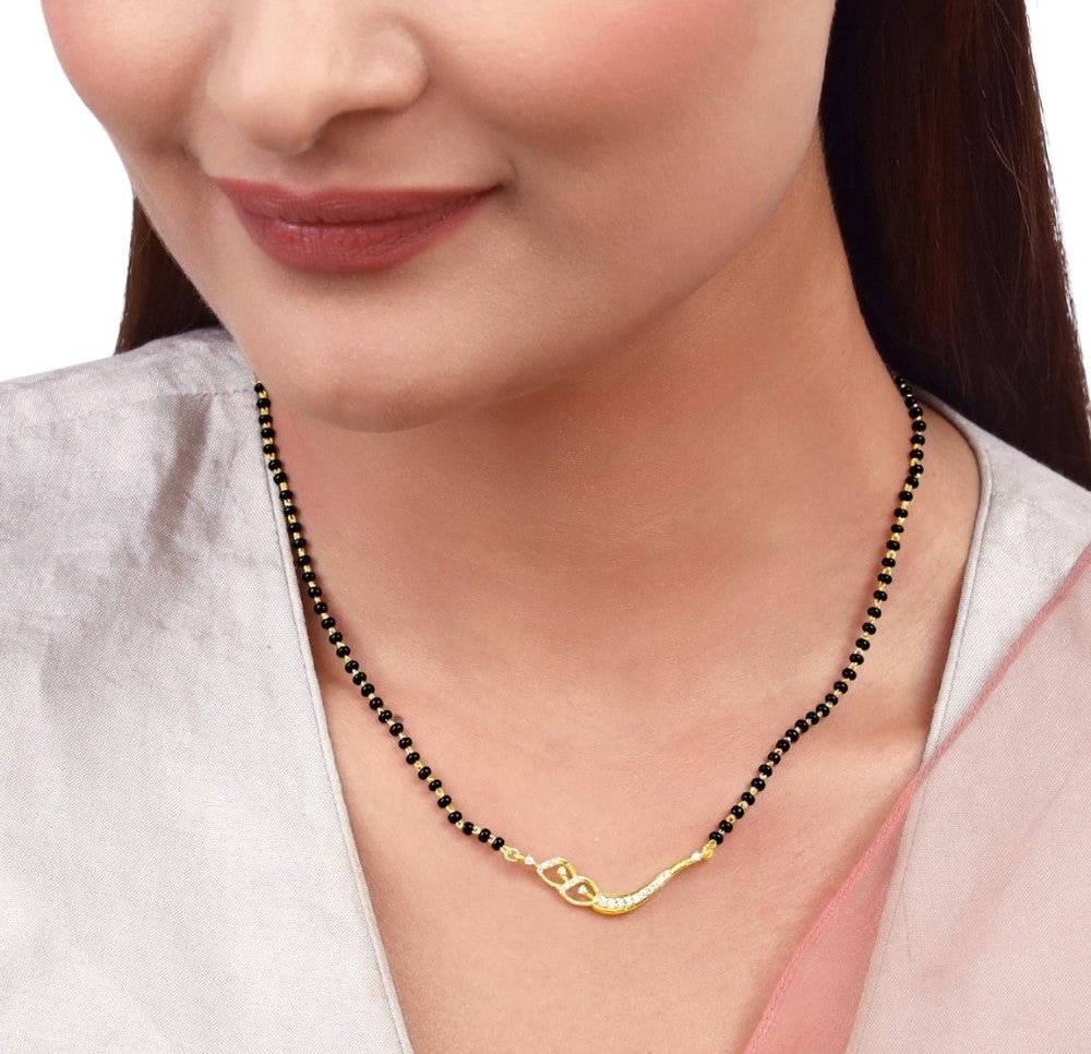 Multicolor brass gold plated mangalsutra pendant necklace featuring a curved swirl heart design and black beaded chain