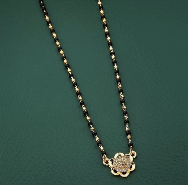 Multicolor brass gold plated dainty floral AD mangalsutra pendant necklace with black beaded chain