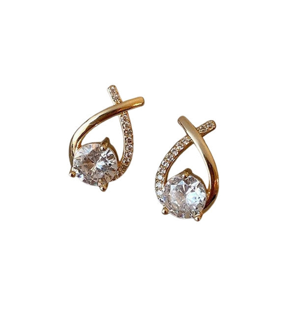 Gold plated brass stud earrings featuring a crossover twirl design, sold as a pair for women
