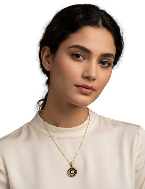Women's Pack of 2 Brass Gold Plated Black Enamel Daisy Necklace (Gold)-PID68309