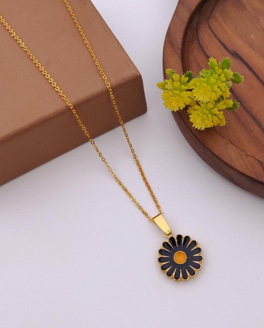 Women's Pack of 2 Brass Gold Plated Black Enamel Daisy Necklace (Gold)-PID68309