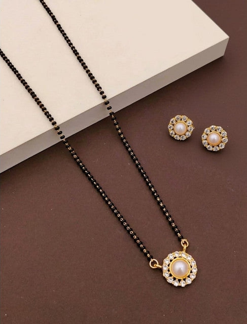 Multicolor brass gold plated pearl halo mangalsutra set with black beaded chain necklace