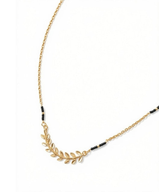 Multicolor brass gold plated asymmetric leaf branch mangalsutra pendant necklace with black beaded chain