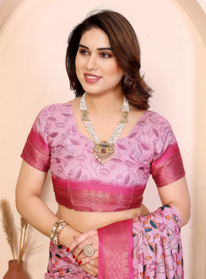 Women's Cotton Silk Floral Kalamkari Printed Saree With Unstitched Blouse - 5.5 Mtr (Baby Pink)