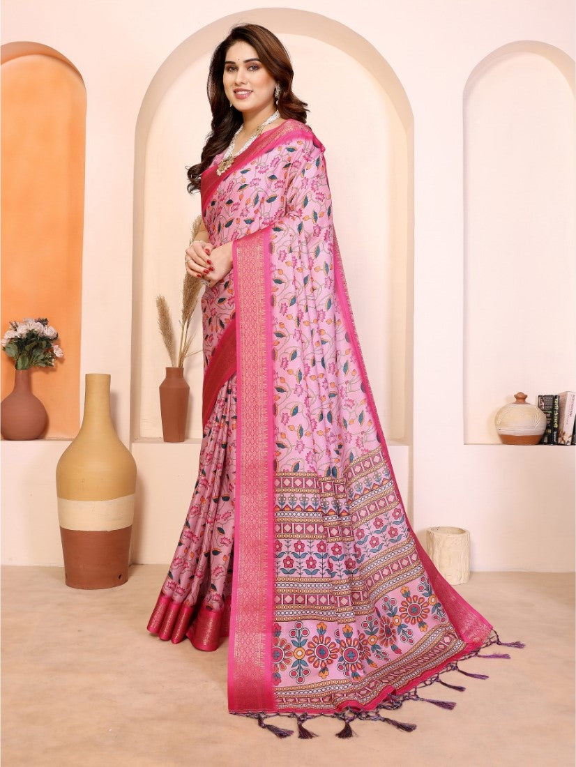 Women's Cotton Silk Floral Kalamkari Printed Saree With Unstitched Blouse - 5.5 Mtr (Baby Pink)