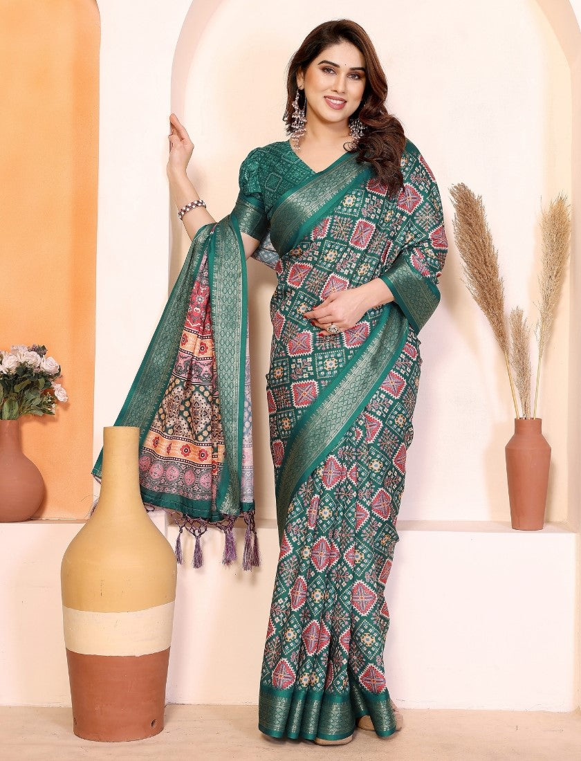 Women's Cotton Silk Kalamkari Printed Saree With Unstitched Blouse - 5.5 Mtr (Teal Green)