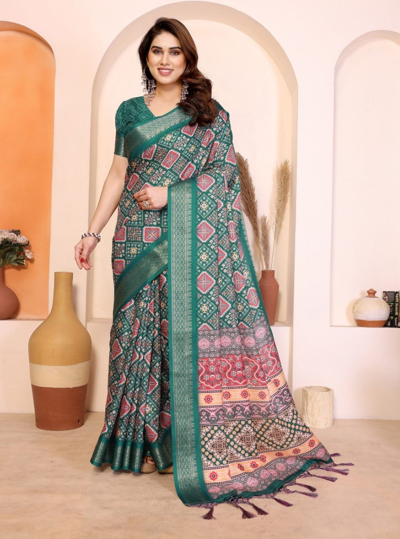 Women's Cotton Silk Kalamkari Printed Saree With Unstitched Blouse - 5.5 Mtr (Teal Green)