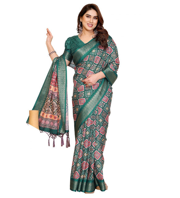 Women's Cotton Silk Kalamkari Printed Saree With Unstitched Blouse - 5.5 Mtr (Teal Green)