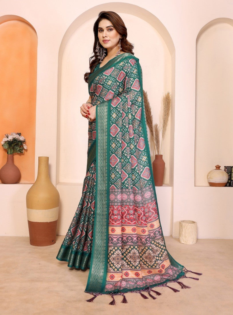 Women's Cotton Silk Kalamkari Printed Saree With Unstitched Blouse - 5.5 Mtr (Teal Green)