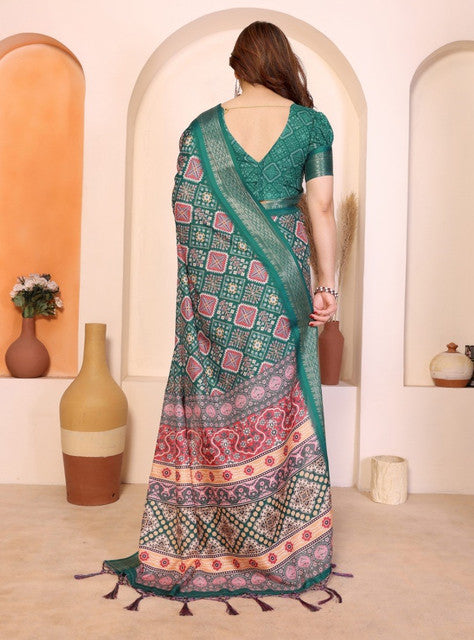 Women's Cotton Silk Kalamkari Printed Saree With Unstitched Blouse - 5.5 Mtr (Teal Green)