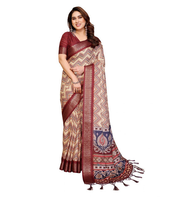 Women's Cotton Silk Kalamkari Printed Saree With Unstitched Blouse - 5.5 Mtr (Maroon)