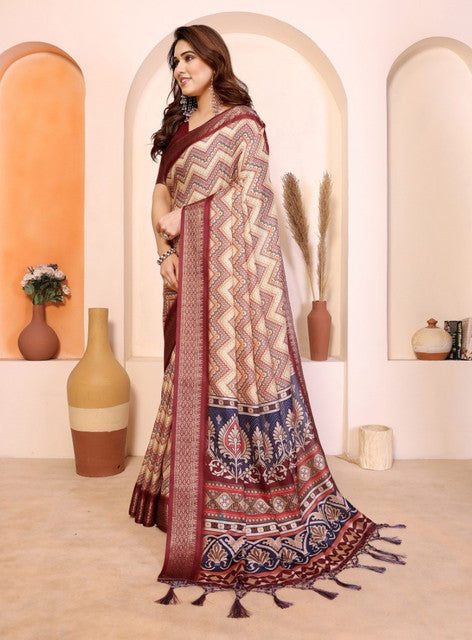 Women's Cotton Silk Kalamkari Printed Saree With Unstitched Blouse - 5.5 Mtr (Maroon)
