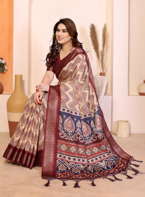 Women's Cotton Silk Kalamkari Printed Saree With Unstitched Blouse - 5.5 Mtr (Maroon)